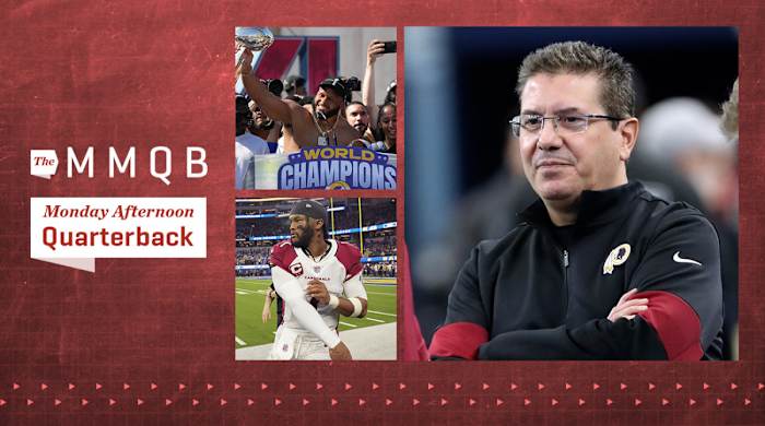 Washington Redskins owner Daniel Snyder before the game against the Dallas Cowboys at AT&T Stadium; Kyler Murray warming up before a game; Los Angeles Rams defensive end Aaron Donald holds the Vince Lombardi trophy during the Super Bowl LVI championship rally at the Los Angeles Memorial Coliseum.